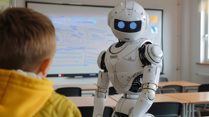 Modern Classroom Cyborg Educator Delivers Interactive Lesson