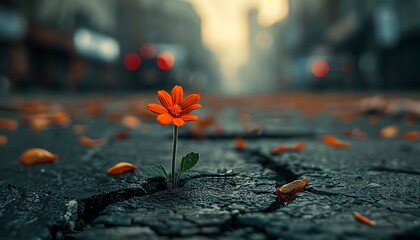 Resilient Orange Flower Growing Through Cracked Asphalt in Urban Street at Dusk with Blurred City Lights in Background