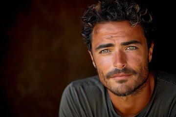 Obraz premium close - up portrait of handsome young man with curly hair in front of the camera