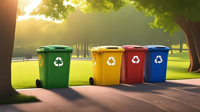 A row of colorful trash cans with recycling symbols on them lined up along the sidewalk, set against an urban park backdrop.