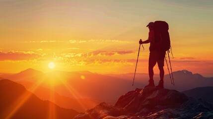 A man with a backpack is standing on a mountain top at sunset