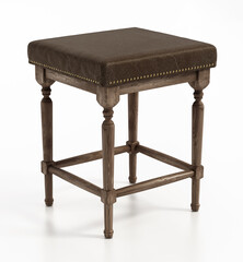 Vintage wooden stool decorated with brown leather isolated on white background. 3D illustration