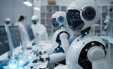Robots working in a high-tech laboratory, emphasizing advanced artificial intelligence and modern technological innovation.