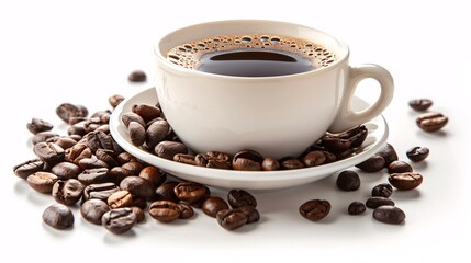 Freshly Brewed Coffee in White Cup with Saucer Surrounded by Coffee Beans on White Background - Perfect for Cafes, Restaurants, and Coffee Enthusiasts