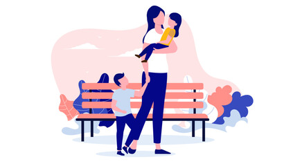 Mother outdoors with children - Mom parent carrying kids in park, spending time and having leisure time of with family. Flat design vector illustration with white background