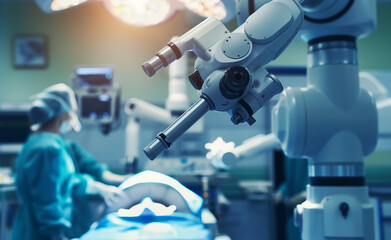 A high-tech surgical robot in an operating room, illustrating advanced medical technology and precision in surgery.
