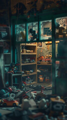 Create a haunting scene of an abandoned toy store at dusk through a long shot, blending animation styles with eerie horror elements in macro photography