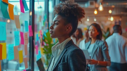 Obraz premium Focused black businesswoman analyzing colorful sticky notes image. Engaged colleague photography scene wallpaper. Collaborative office brainstorming session concept photorealistic photo
