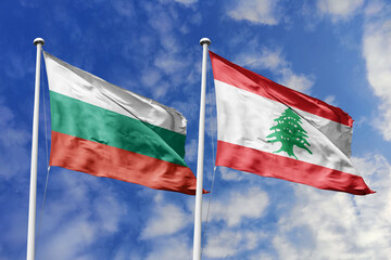 3D illustration. Bulgaria and Lebanon Flag waving in the sky. High detailed waving flag. 3D render. Waving in the sky. Flags fluttered in the cloudy sky.