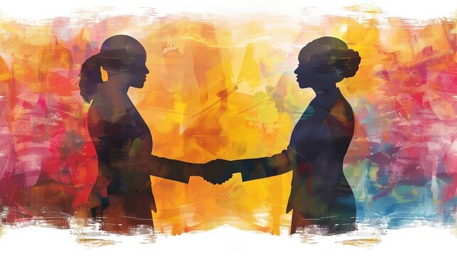 Silhouettes two women shaking hands against vibrant abstract 2D illustration, ai generated
