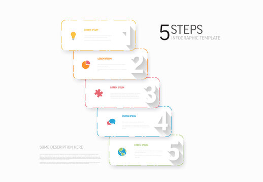 Five white solid step blocks with big numbers in the corner - simple multipurpose infographic template
