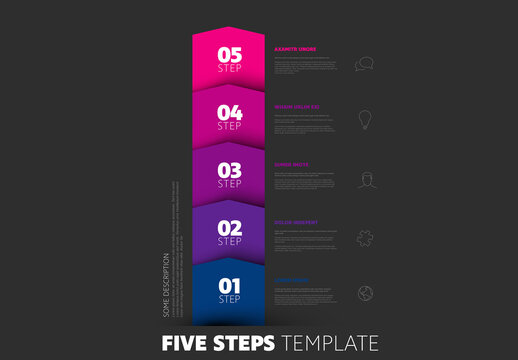 Five blue to pink progress block steps template with descriptions and icons on dark background