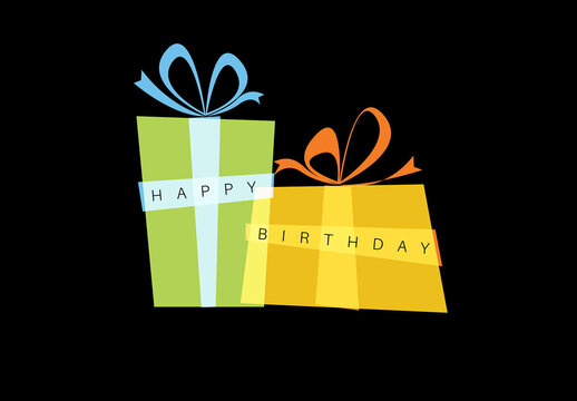 Happy birthday dark card template with two birthday present boxes and Happy birthday text on the ribbon