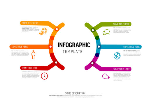 Multipurpose horizontal infographic layout template with big center and six smaller elements