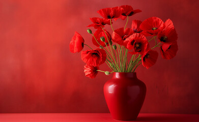A bouquet of red flowers in a matching red vase against a red background, emphasizing a monochromatic color scheme. © Curioso.Photography