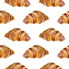 Croissants seamless pattern. French pastries. Watercolor illustration isolated on white background. Cards, wrapping paper, wallpaper, textiles, covers