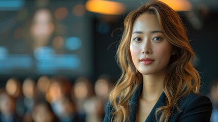 Poised asian businesswoman with wavy hair confidently stands portrait image. Calm demeanor and professional attire picture photorealistic. Business leadership concept photo realistic