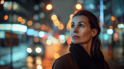 Fototapeta premium Woman in her 40s in the city at night illumination portrait image