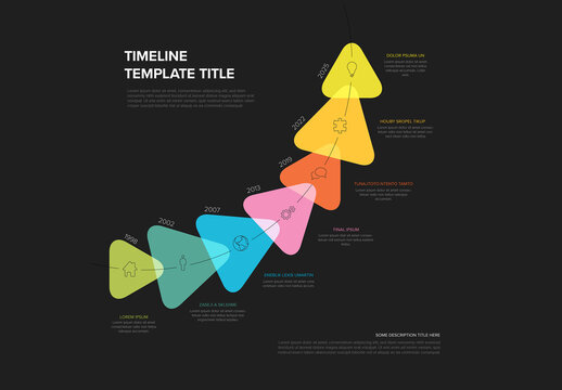 Rainbow color triangle arrows on the curved time line - multipurpose dark infographic grow timeline template
