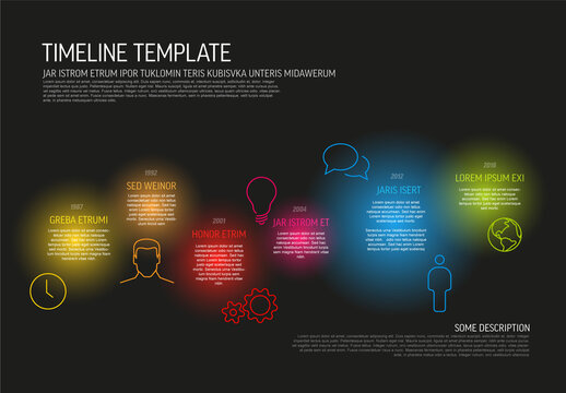 Simple rainbow color infographic template with six items with icons and color spots on black background
