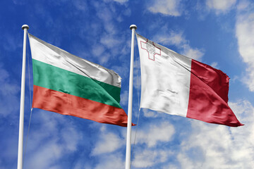 3D illustration. Bulgaria and Malta Flag waving in the sky. High detailed waving flag. 3D render. Waving in the sky. Flags fluttered in the cloudy sky.