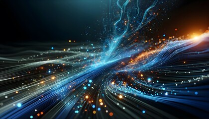 An abstract tech background with glowing, colorful lines and particles, representing the intersection of technology and digital art.