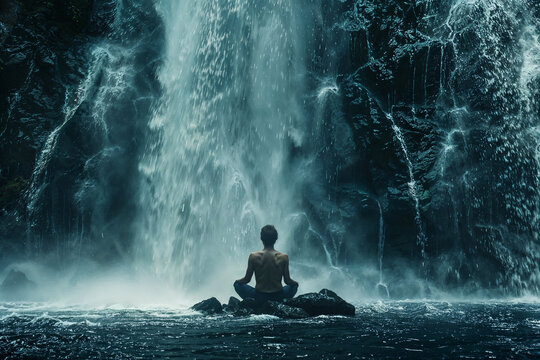 Man meditating by waterfall. Generative AI