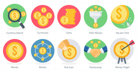 A set of 10 Shopping icons as currency search, currencies, coins