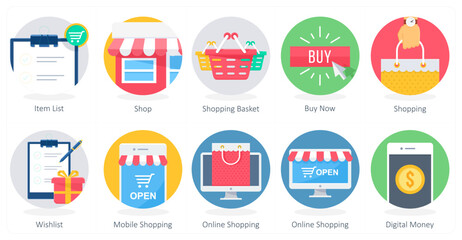 A set of 10 Shopping icons as item list, shop, shopping basket