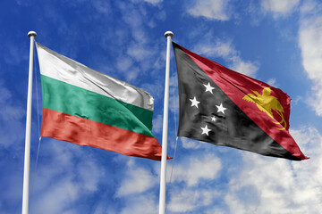 3D illustration. Bulgaria and Papua New Guinea Flag waving in the sky. High detailed waving flag. 3D render. Waving in the sky. Flags fluttered in the cloudy sky.