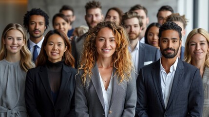 Fototapeta premium Large diverse group of business professionals smiling at camera image. Colleagues dressed in formal attire photography scene wallpaper. Inclusivity, teamwork concept photorealistic photo