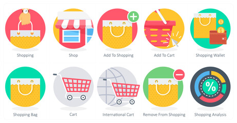 A set of 10 Shopping icons as shopping, shop, add to shopping