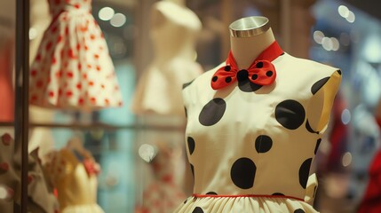A beautiful polka dot dress with a red bow tie on a mannequin in a store window. The dress is sleeveless and has a fitted bodice. - Powered by Adobe
