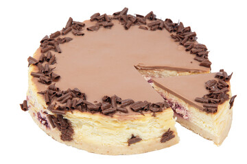 Creamy dark chocolate cheesecake with chocolate isolated on white background