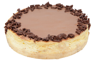 Creamy dark chocolate cheesecake with chocolate isolated on white background