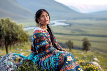 Native American woman in traditional attire with landscape. Generative AI image