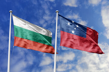 3D illustration. Bulgaria and Samoa Flag waving in the sky. High detailed waving flag. 3D render. Waving in the sky. Flags fluttered in the cloudy sky.
