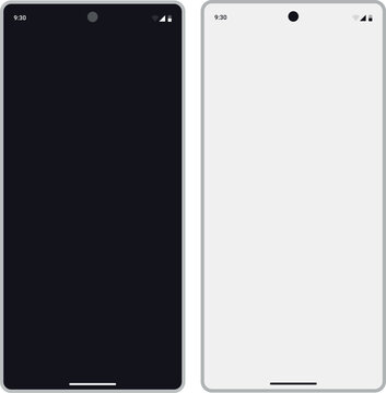 Realistic vector flat mock-up Google Pixel 8a Pro with blank screen mobile smartphone.  Phone front view dark and light UI home lock screen. Device App similar to Samsung apple iPhone Huawei Vivo oppo