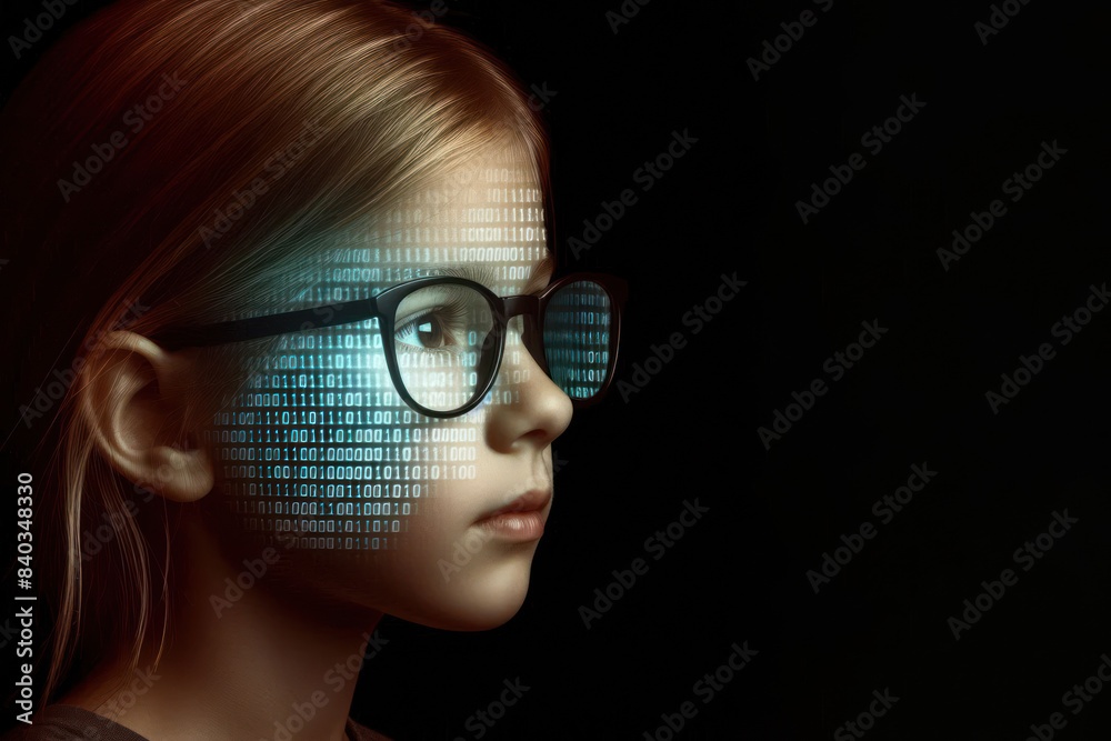 Wall mural kid face wearing glasses onto which binary computer code projected Isolated