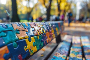 Colorful puzzle pieces on a park bench on a sunny day. The photo evokes a feeling of creativity and playfulness. Perfect for promoting outdoor activities and artistic inspiration. Generative AI