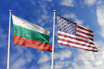 3D illustration. Bulgaria and United States Flag waving in the sky. High detailed waving flag. 3D render. Waving in the sky. Flags fluttered in the cloudy sky.