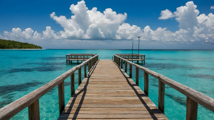 Fototapeta premium A clear and refreshing atmosphere with a view of the wooden pier extending into the cerulean sea