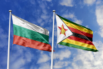 3D illustration. Bulgaria and Zimbabwe Flag waving in the sky. High detailed waving flag. 3D render. Waving in the sky. Flags fluttered in the cloudy sky.
