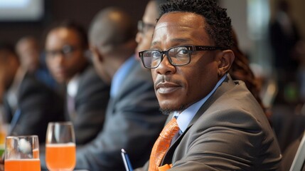 Obraz premium Focused black businessman with glasses at corporate meeting portrait image. Formal meeting participants blurred picture photorealistic photography. Business discussion concept photo