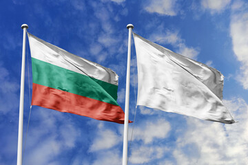 3D illustration. Bulgaria and White (Null) Flag waving in the sky. High detailed waving flag. 3D render. Waving in the sky. Flags fluttered in the cloudy sky.