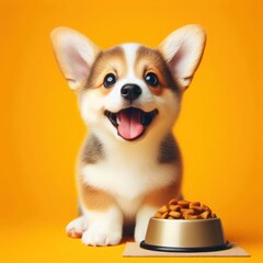 Smiling funny dog happy with food bowl Isolated on yellow background
