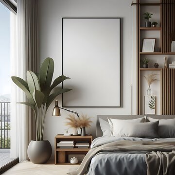 A bed in bedroom style interior set design have mockup poster empty white with a large window and a large picture frame decoration.