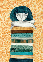A girl resting her head on a pile of books