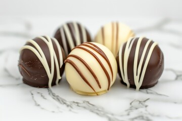 Fototapeta premium Assorted gourmet chocolate truffles on a marble surface, captured in high quality food photography with an elegant and luxurious presentation