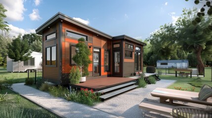 Fototapeta premium Modern EcoFriendly Tiny Home Community Showcasing Sustainable Living and Design Consultations with Blank Business Cards